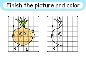 Complete the picture onion. Copy the picture and color. Finish the image. Coloring book. Educational drawing exercise game for children vector