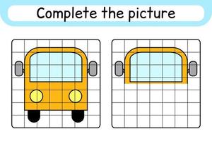 Complete the picture bus. Copy the picture and color. Finish the image. Coloring book. Educational drawing exercise game for children vector
