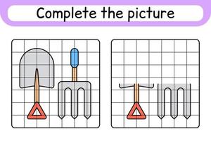 completa la imagen tridente y pala. copiar la imagen y el color. terminar la imagen. libro de colorear. juego educativo de ejercicios de dibujo para niños vector