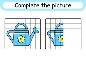 Complete the picture watering can. Copy the picture and color. Finish the image. Coloring book. Educational drawing exercise game for children vector