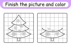 completa el cuadro árbol de navidad. copiar la imagen y el color. terminar la imagen. libro de colorear. juego educativo de ejercicios de dibujo para niños vector