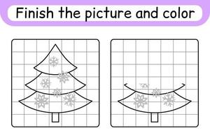 Complete the picture christmas tree. Copy the picture and color. Finish the image. Coloring book. Educational drawing exercise game for children vector