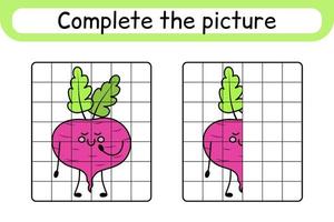 Complete the picture beetroot. Copy the picture and color. Finish the image. Coloring book. Educational drawing exercise game for children vector