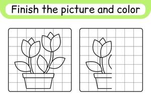 Complete the picture flower tulip. Copy the picture and color. Finish the image. Coloring book. Educational drawing exercise game for children vector