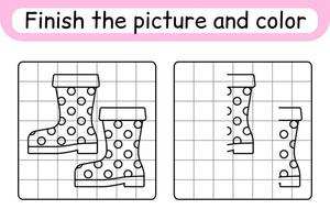 Complete the picture boots. Copy the picture and color. Finish the image. Coloring book. Educational drawing exercise game for children vector