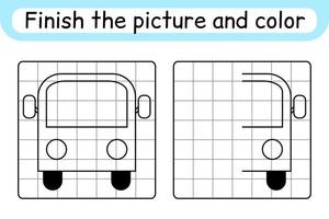 completar el autobús de la imagen. copiar la imagen y el color. terminar la imagen. libro de colorear. juego educativo de ejercicios de dibujo para niños vector