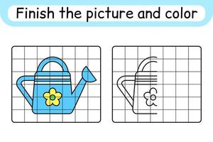 Complete the picture watering can. Copy the picture and color. Finish the image. Coloring book. Educational drawing exercise game for children vector