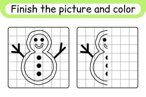 Complete the picture snowman. Copy the picture and color. Finish the image. Coloring book. Educational drawing exercise game for children vector