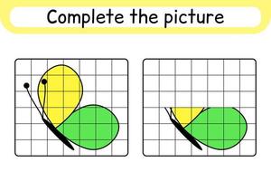 Complete the picture butterfly. Copy the picture and color. Finish the image. Coloring book. Educational drawing exercise game for children vector