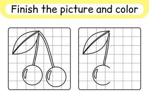 Complete the picture cherry. Copy the picture and color. Finish the image. Coloring book. Educational drawing exercise game for children vector