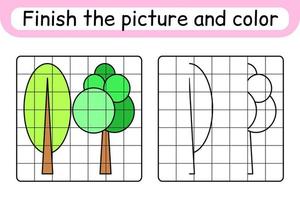 Complete the picture tree. Copy the picture and color. Finish the image. Coloring book. Educational drawing exercise game for children vector