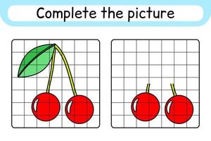 Complete the picture cherry. Copy the picture and color. Finish the image. Coloring book. Educational drawing exercise game for children vector