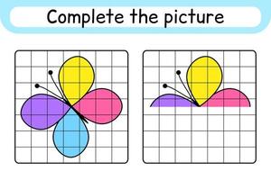 Completa la imagen de la mariposa. copiar la imagen y el color. terminar la imagen. libro de colorear. juego educativo de ejercicios de dibujo para niños vector