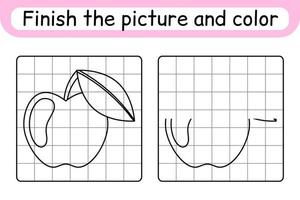 Complete the picture apple. Copy the picture and color. Finish the image. Coloring book. Educational drawing exercise game for children vector