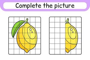 Complete the picture lemon. Copy the picture and color. Finish the image. Coloring book. Educational drawing exercise game for children vector