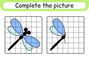 Complete the picture dragonfly. Copy the picture and color. Finish the image. Coloring book. Educational drawing exercise game for children vector