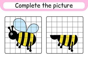 completa la imagen de la abeja. copiar la imagen y el color. terminar la imagen. libro de colorear. juego educativo de ejercicios de dibujo para niños vector