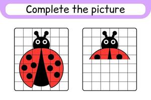 Complete the picture ladybug. Copy the picture and color. Finish the image. Coloring book. Educational drawing exercise game for children vector