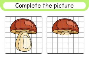 Complete the picture mushroom boletus. Copy the picture and color. Finish the image. Coloring book. Educational drawing exercise game for children vector