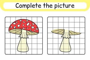 Complete the picture mushroom amanita. Copy the picture and color. Finish the image. Coloring book. Educational drawing exercise game for children vector