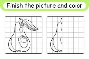 Complete the picture pear. Copy the picture and color. Finish the image. Coloring book. Educational drawing exercise game for children vector