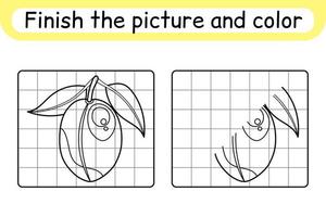 Complete the picture plum. Copy the picture and color. Finish the image. Coloring book. Educational drawing exercise game for children vector