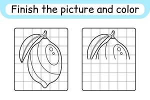 Complete the picture lemon. Copy the picture and color. Finish the image. Coloring book. Educational drawing exercise game for children vector