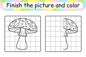 Complete the picture mushroom amanita. Copy the picture and color. Finish the image. Coloring book. Educational drawing exercise game for children vector