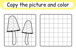 Copy the picture and color mushroom coprinus. Complete the picture. Finish the image. Coloring book. Educational drawing exercise game for children vector