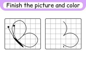 Complete the picture butterfly. Copy the picture and color. Finish the image. Coloring book. Educational drawing exercise game for children vector