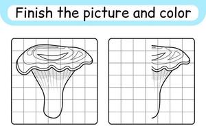 Complete the picture mushroom chanterelle. Copy the picture and color. Finish the image. Coloring book. Educational drawing exercise game for children vector