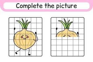 Complete the picture onion. Copy the picture and color. Finish the image. Coloring book. Educational drawing exercise game for children vector