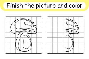 Complete the picture mushroom boletus. Copy the picture and color. Finish the image. Coloring book. Educational drawing exercise game for children vector