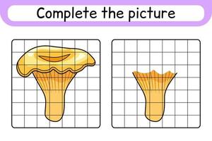 Complete the picture mushroom chanterelle. Copy the picture and color. Finish the image. Coloring book. Educational drawing exercise game for children vector