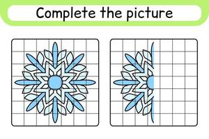 Complete the picture snowflake. Copy the picture and color. Finish the image. Coloring book. Educational drawing exercise game for children vector