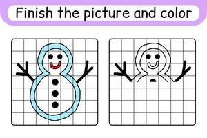 Complete the picture snowman. Copy the picture and color. Finish the image. Coloring book. Educational drawing exercise game for children vector