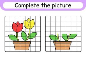 Complete the picture flower tulip. Copy the picture and color. Finish the image. Coloring book. Educational drawing exercise game for children vector