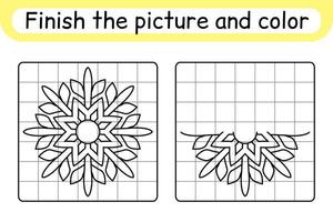 Complete the picture snowflake. Copy the picture and color. Finish the image. Coloring book. Educational drawing exercise game for children vector