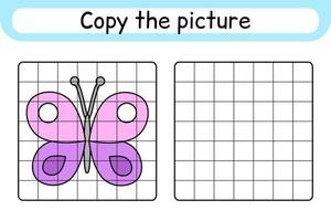 copia la imagen y colorea la mariposa. completa la imagen terminar la imagen. libro de colorear. juego educativo de ejercicios de dibujo para niños vector