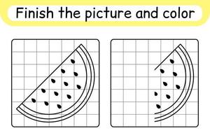 Complete the picture watermelon. Copy the picture and color. Finish the image. Coloring book. Educational drawing exercise game for children vector