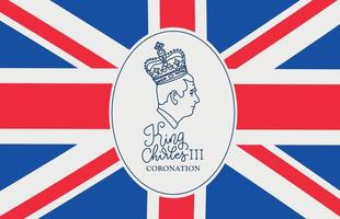 Poster for coronation of Charles III. King's head profile in crown with elegant lettering text. New British monarch. Proclamation. Vector illustration.