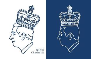 Set of linear crowned portraits of Prince Charles, Prince of Wales. Prifile side head view with royal crown. Line hand drawn vector illustration.