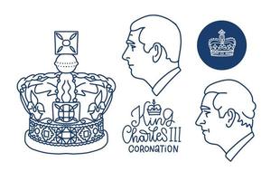 Set of profile portraits of Prince Charles, Prince of Wales, royal crowna and lettering text. King Charles III coronation collection. Linear hand drawn vector illustration.