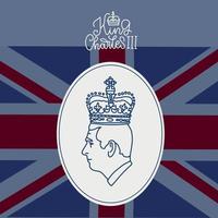 Profile portrait of prince Charles, King of England since 2022. Square banner with lineat lettering Kink Charles III on the background of the British flag. Vector design template.