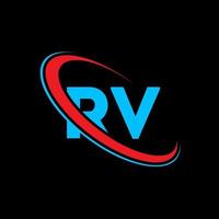 logotipo de RV. diseño de vehículos recreativos. letra rv azul y roja. diseño del logotipo de la letra rv. letra inicial rv círculo vinculado en mayúsculas logotipo del monograma. vector