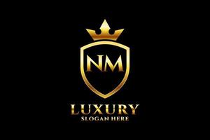 initial NM elegant luxury monogram logo or badge template with scrolls and royal crown - perfect for luxurious branding projects vector