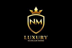 initial NM elegant luxury monogram logo or badge template with scrolls and royal crown - perfect for luxurious branding projects vector