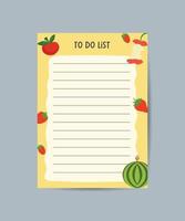 A collection of weekly or daily agendas, notebooks, to-do lists, with fruit illustrations. Flat vector illustration