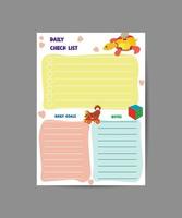 To do planner template. Daily check list. Organizer and schedule with place for Notes. Vector illustration with kids elements. Cute and trendy