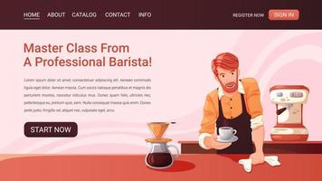 página web con una ilustración de un barista. vector